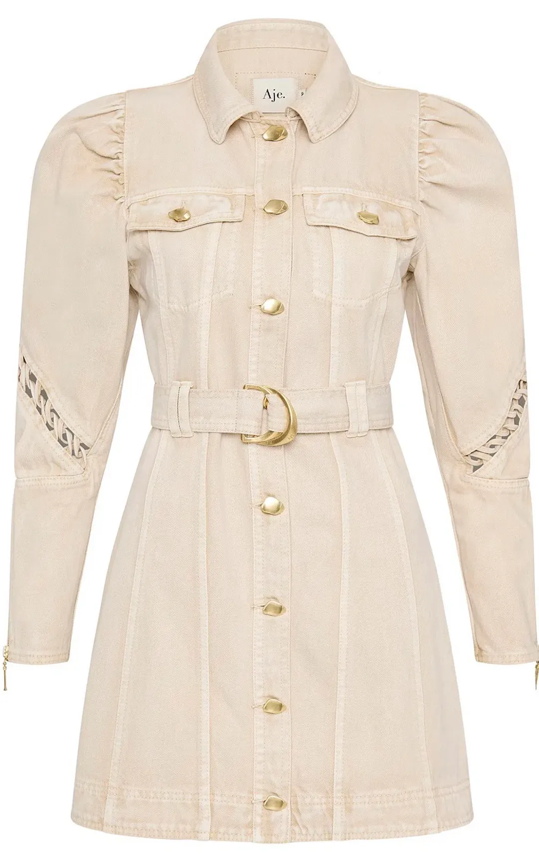 Aje Effie Braided Denim Mini Dress Beige Size 14 for rent on The Volte - main image