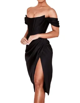 House of CB Loretta Satin Off the Shoulder Midi Dress Black Size S / AU 8 for rent on The Volte - image 4
