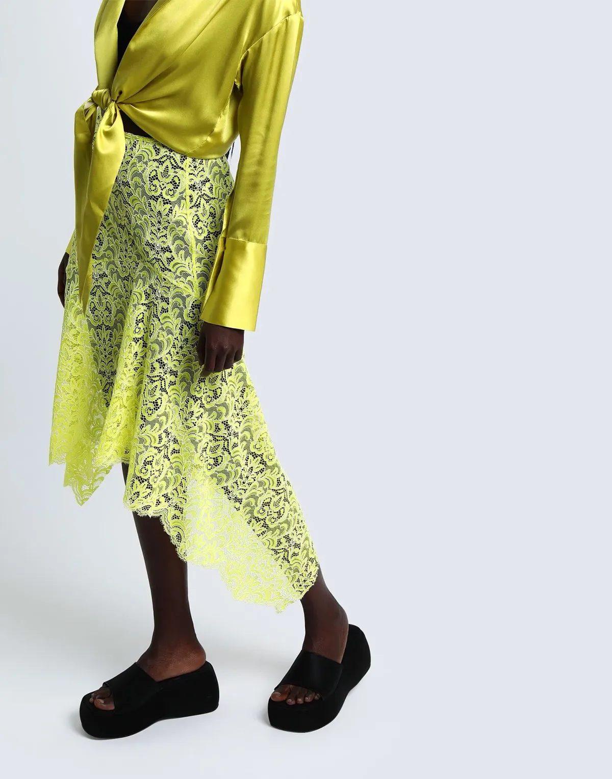Marques Almeida Lace Layered Midi Skirt Yellow Black Size 10 - Image 2
