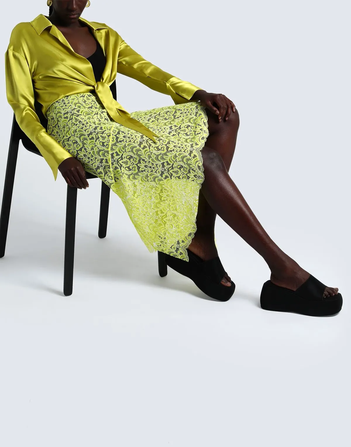 Marques Almeida Lace Layered Midi Skirt Yellow Black Size 10 - Image 1