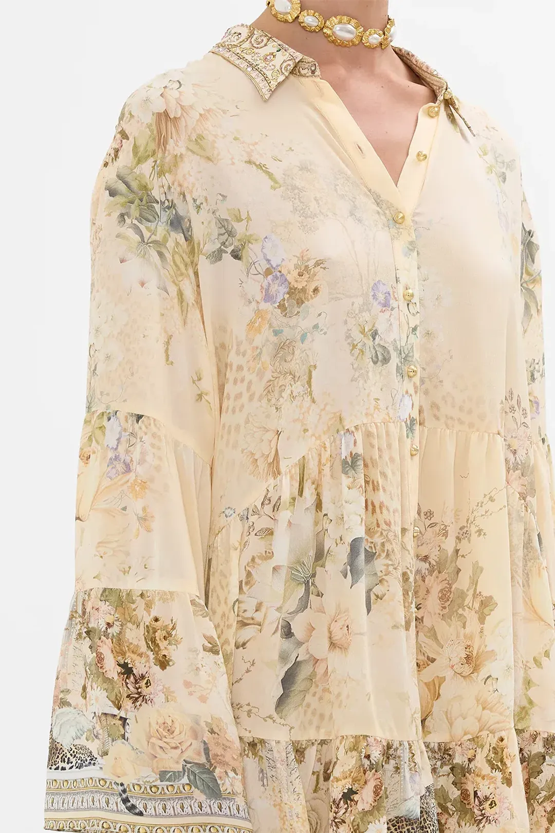 Camilla Tiered Mini Dress With Collar Adorned In Antiquity Size S / AU 10 for rent on The Volte - main image