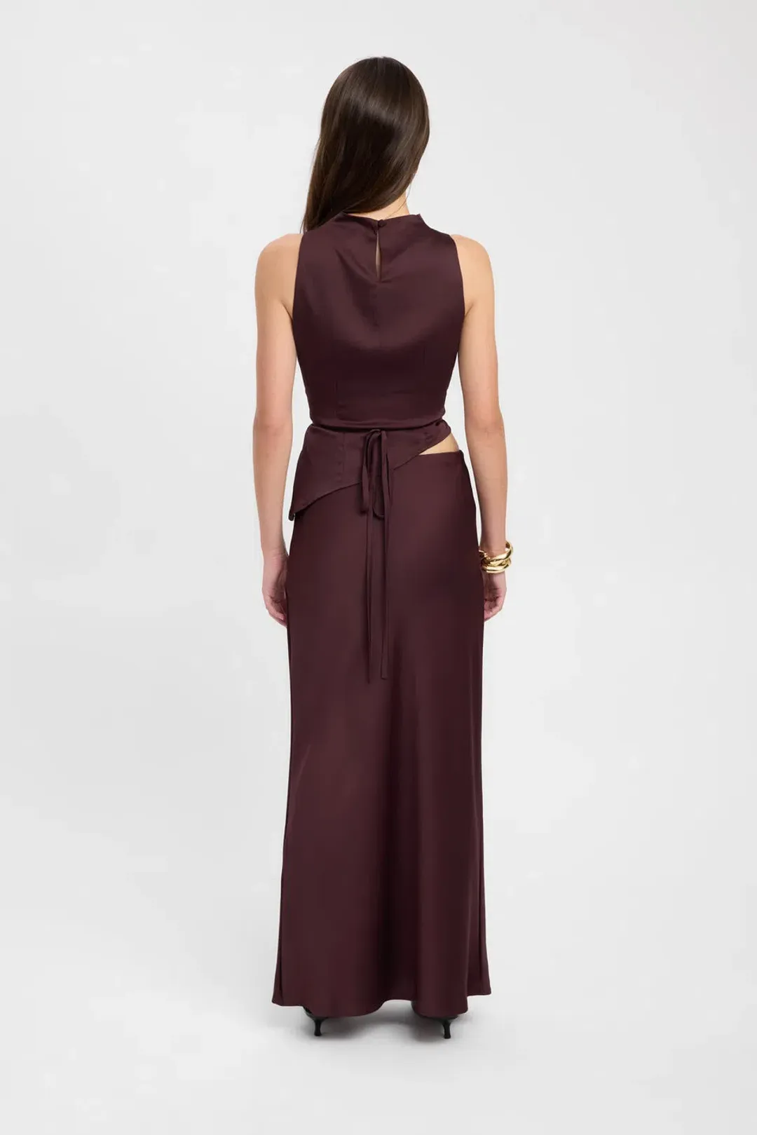 Kookai Prato High Cowl Neck and Prato Slip Skirt Set Mahogany Size AU 12 for rent on The Volte - main image