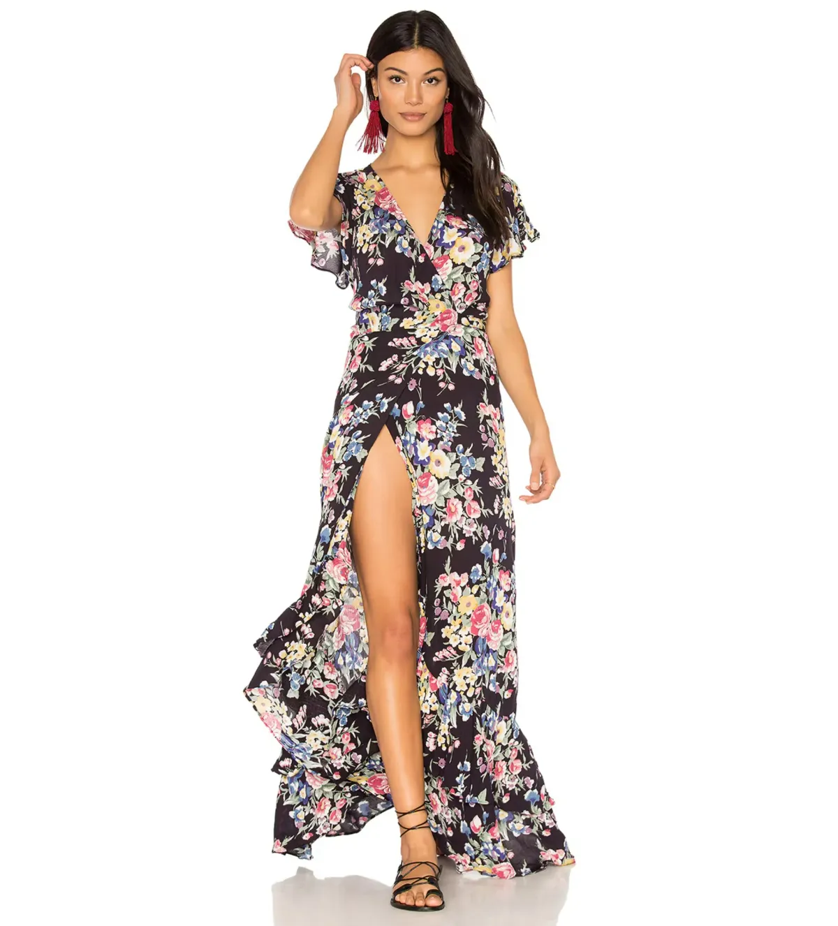 Auguste The Label Beach House Frill Wrap Dress in Bambi Bloom Black Size AU 8 - Image 1