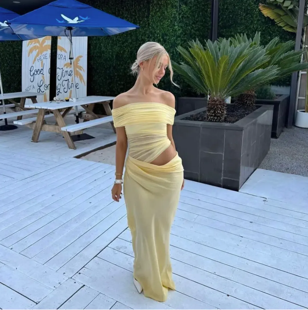 BENNI. Nico Off Shoulder Maxi Dress Butter Size S/AU 8 for rent on The Volte - main image