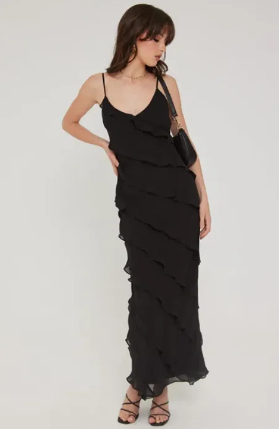 Perfect Stranger Chiffon Ruffle Maxi Dress black size 8 for rent on The Volte - main image