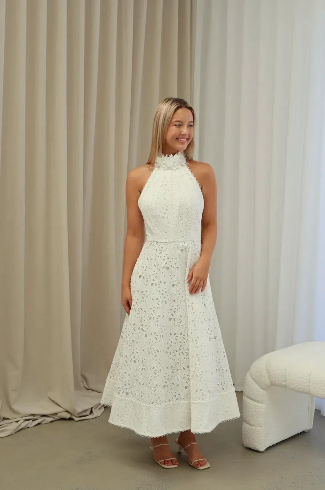 Rebecca Vallance Nuvola Halter Midi Dress in Ivory Size AU 8 for rent on The Volte - main image