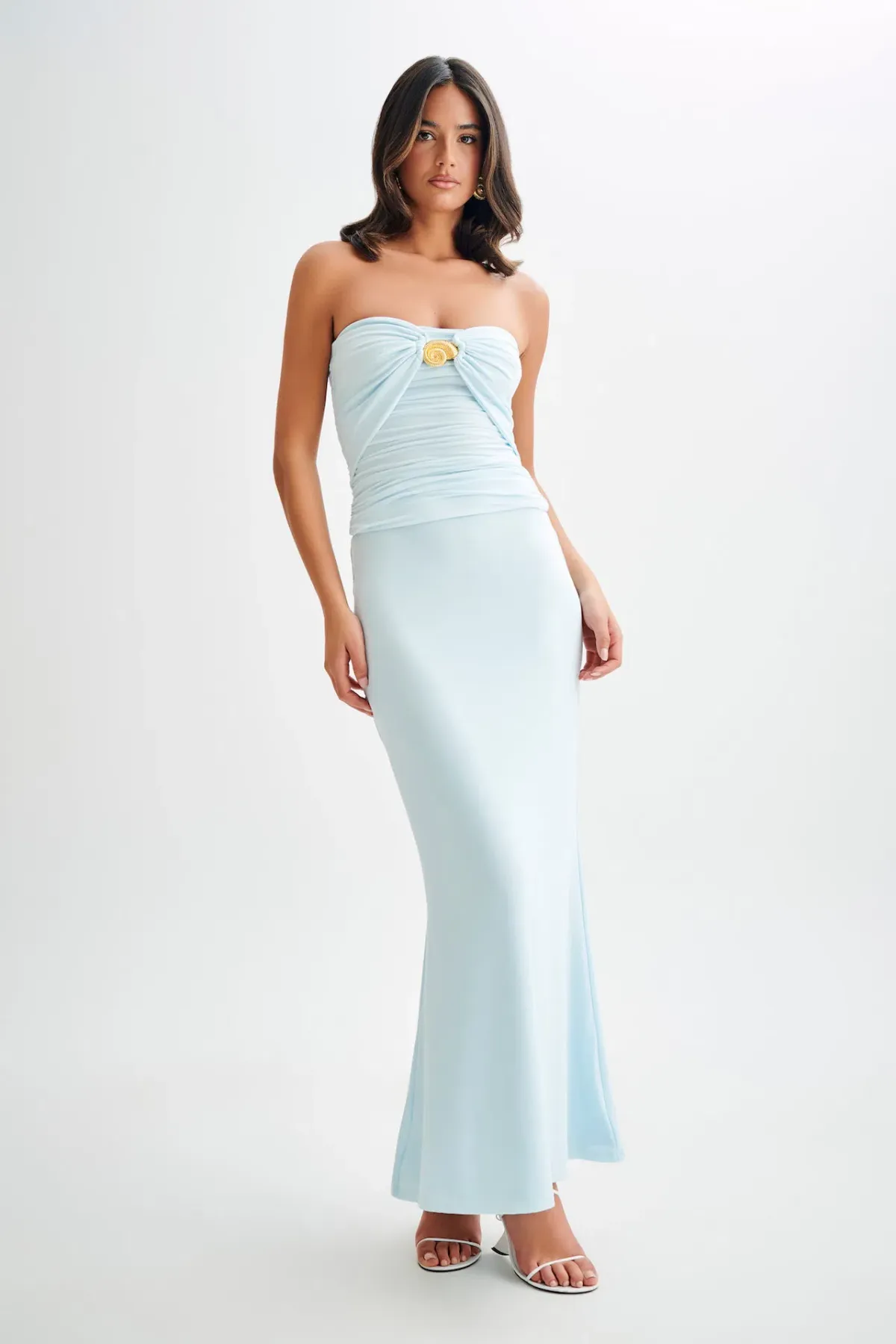 Meshki Winslet Strapless Slinky Longline Top and Bruna Slinky Fishtail Skirt Set in Sky Blue Size S / AU 8 - Image 1