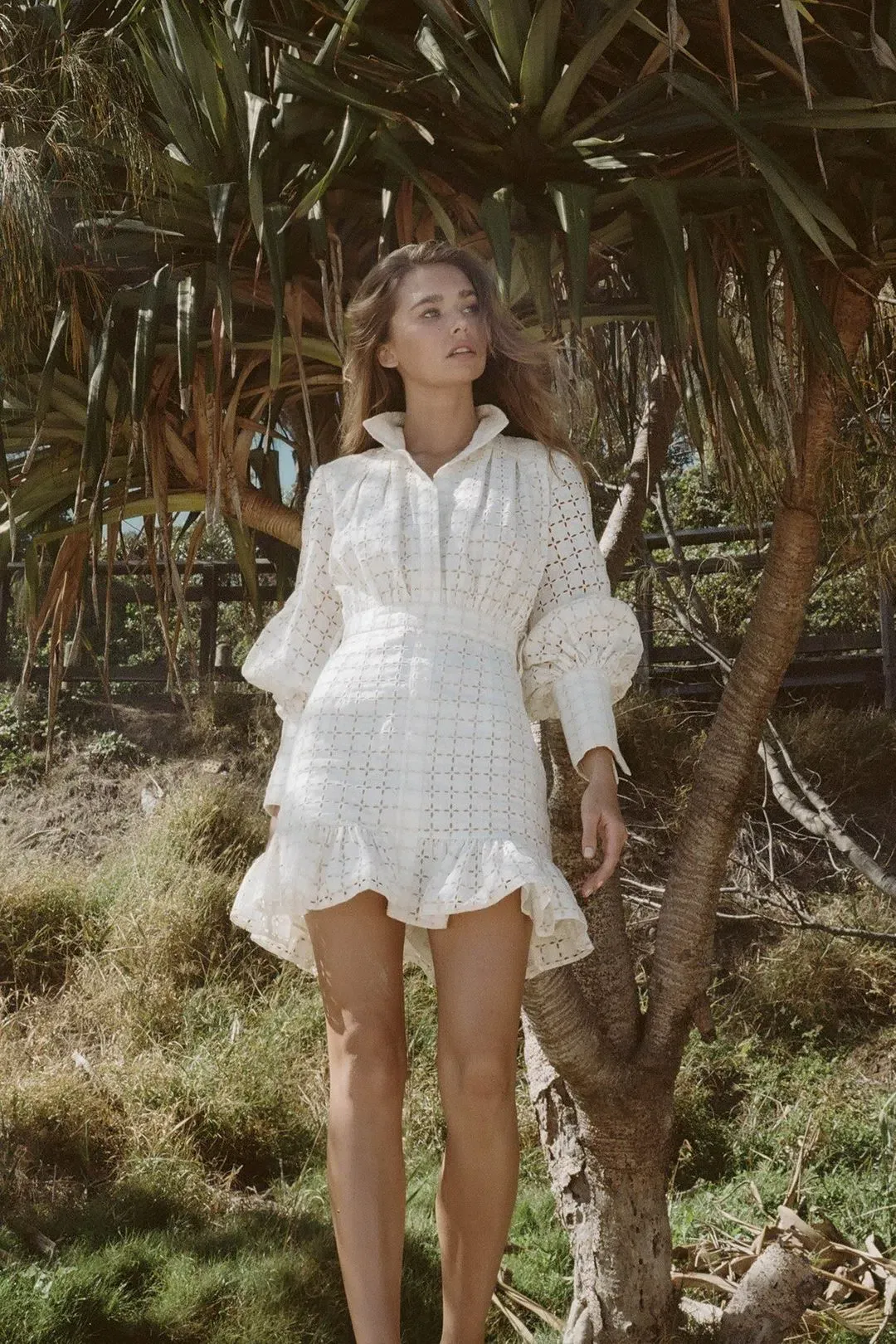 Shona Joy Penelope Linen Balloon Sleeve Mini Dress Ivory Size AU 10 / US 6 for rent on The Volte - main image