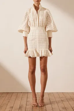 Shona Joy Penelope Linen Balloon Sleeve Mini Dress Ivory Size AU 10 / US 6 for rent on The Volte - image 5