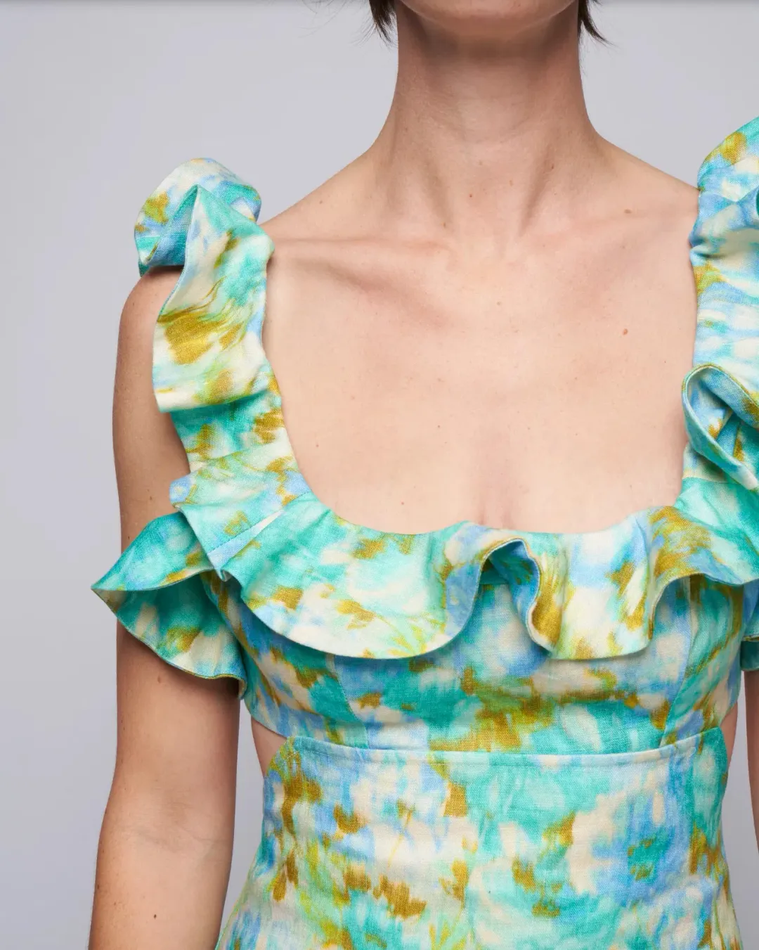 Zimmermann High Tide Frilled Ruffle Midi Dress Aqua Ikat Floral Size 3 / 14 AU for rent on The Volte - main image