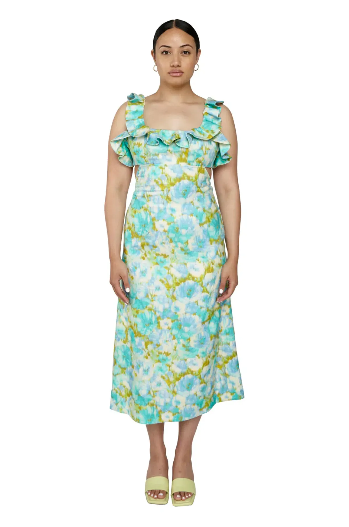 Zimmermann High Tide Frilled Ruffle Midi Dress Aqua Ikat Floral Size 3 / 14 AU - Image 2