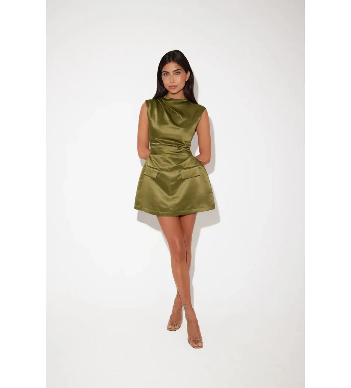 Odd Muse The Ultimate Satin Straight Neck Mini Dress in Olive Size AU 12 for rent on The Volte - main image