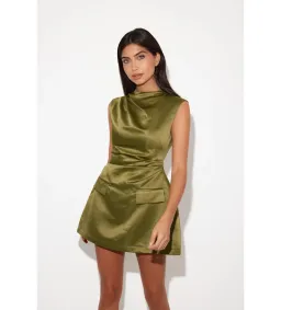 Odd Muse The Ultimate Satin Straight Neck Mini Dress in Olive Size AU 12 for rent on The Volte - image 2