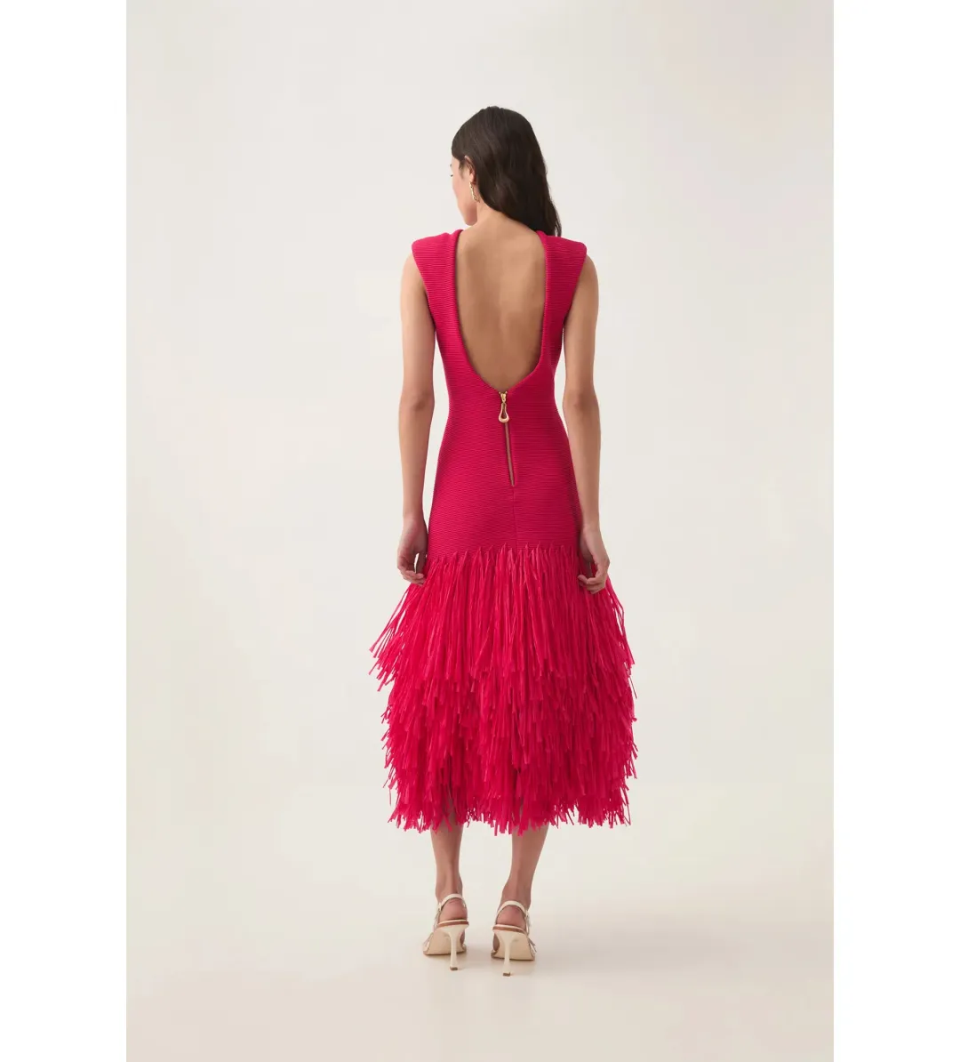 Aje Rushes Raffia Knit Midi Dress Deep Fuschia Size AU 8 for rent on The Volte - main image
