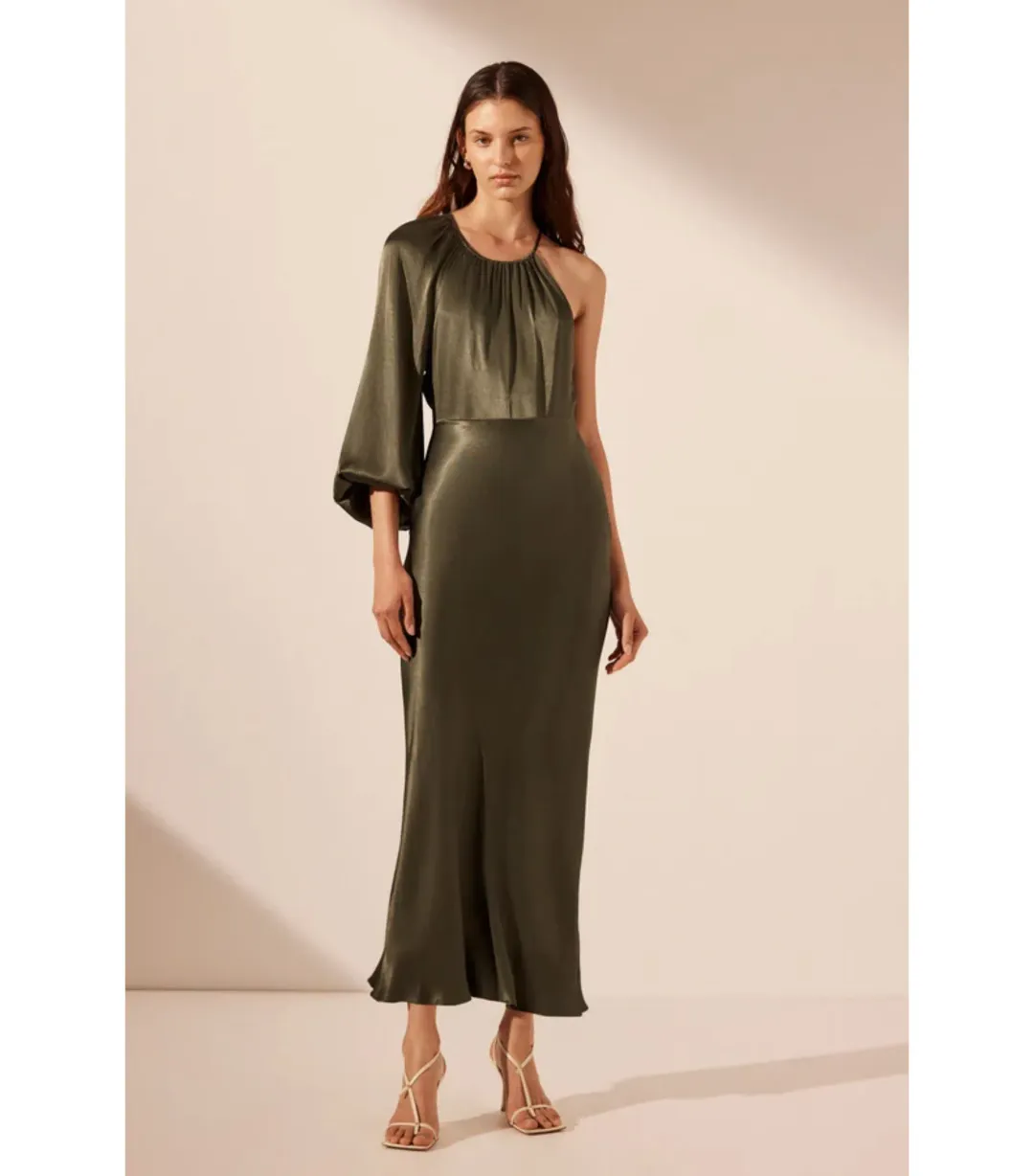 Shona Joy La Lune One Shoulder Balloon Sleeve Midi Dress in Forest Size AU 10 for rent on The Volte - main image
