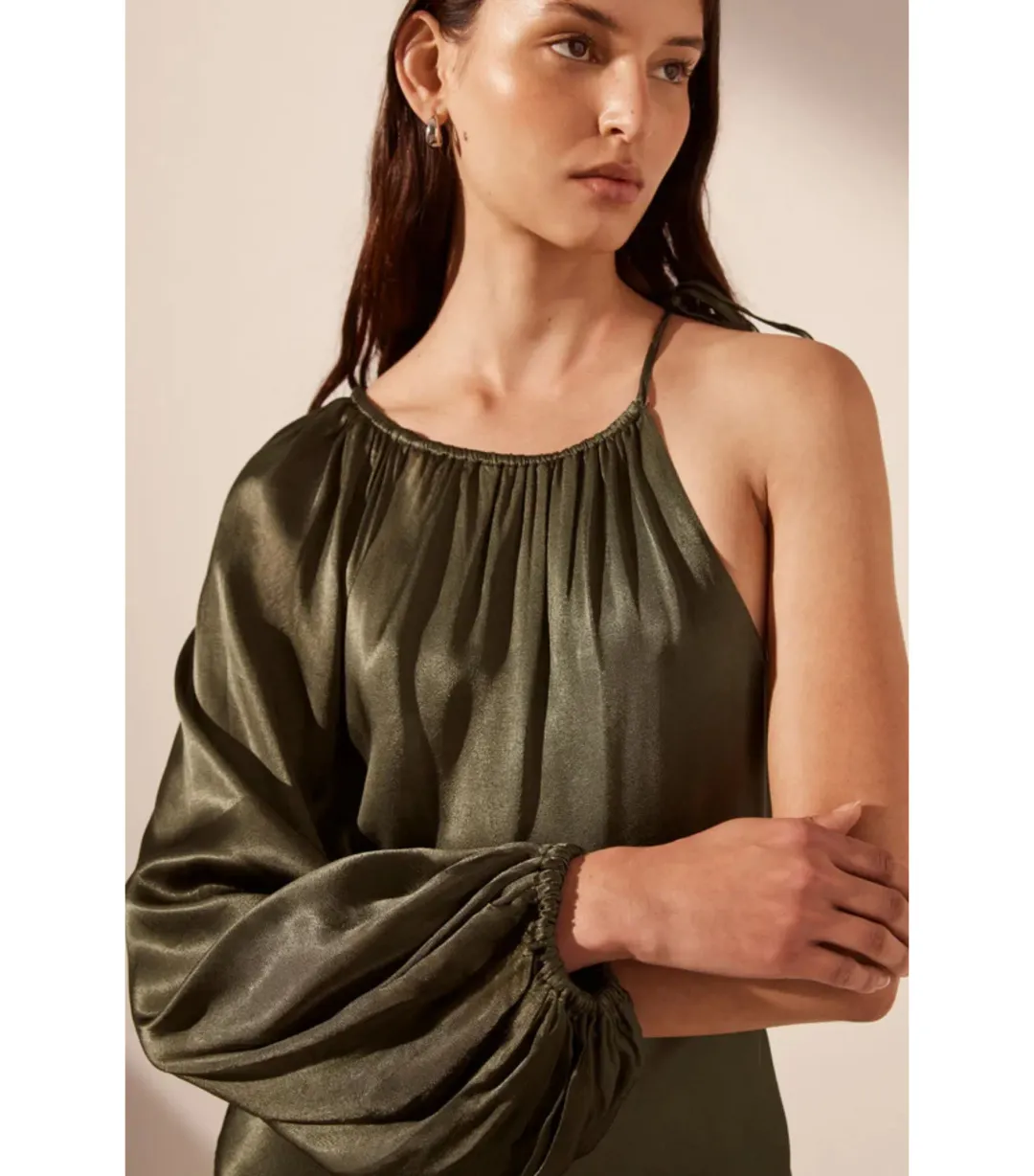 Shona Joy La Lune One Shoulder Balloon Sleeve Midi Dress in Forest Size AU 10 for rent on The Volte - main image