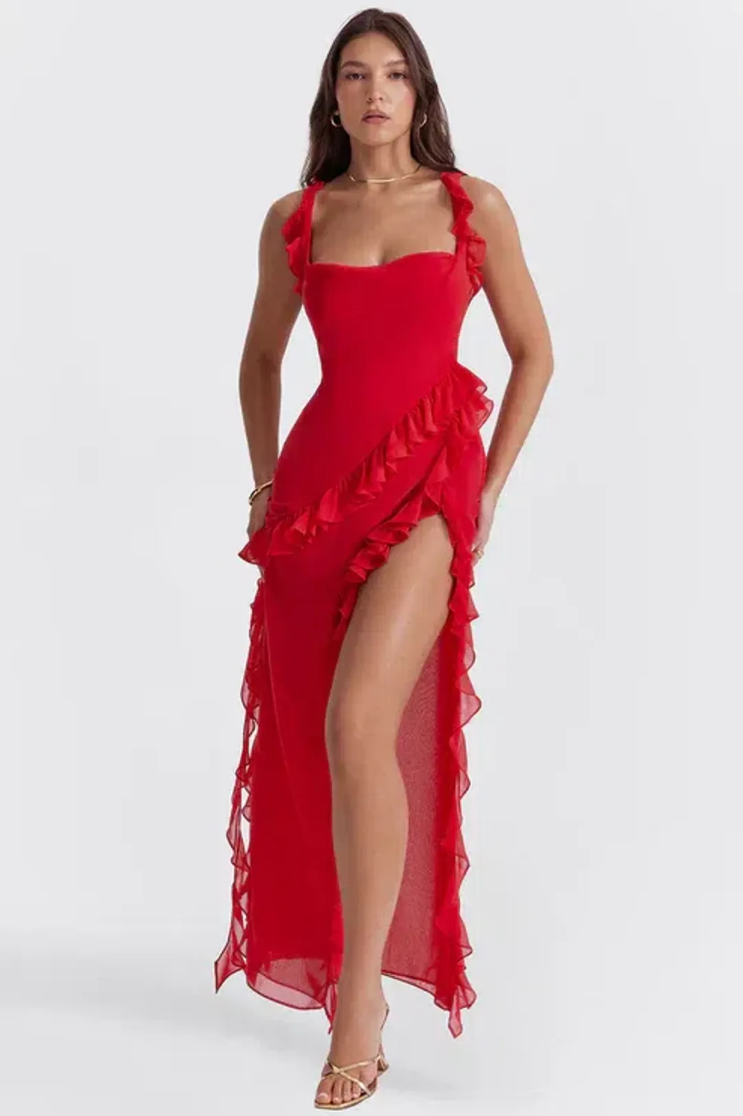 HOUSE OF CB Ariela Cherry Ruffle Maxi Dress Size S for rent on The Volte - main image