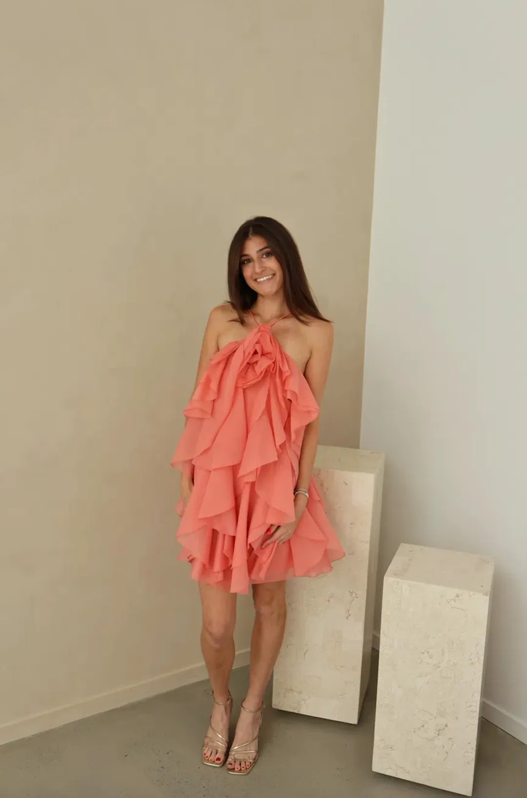 Aje Pandorea Layered Mini Dress Coral Size AU 8 for rent on The Volte - main image