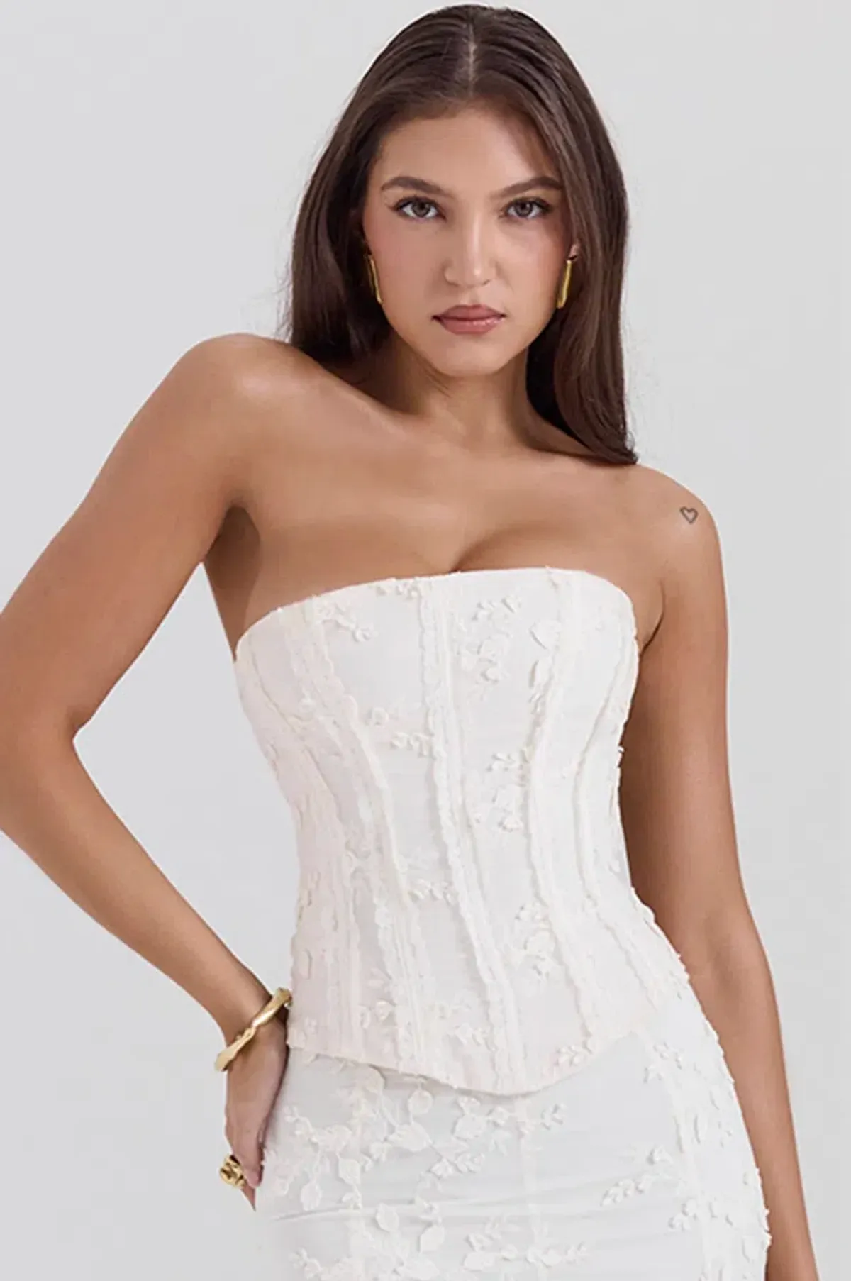 House of CB Dakota Embroidered Strapless Corset and Veronica Embroidered Godet Maxi Skirt Set Vintage Ivory Size M / AU 10 - Image 5