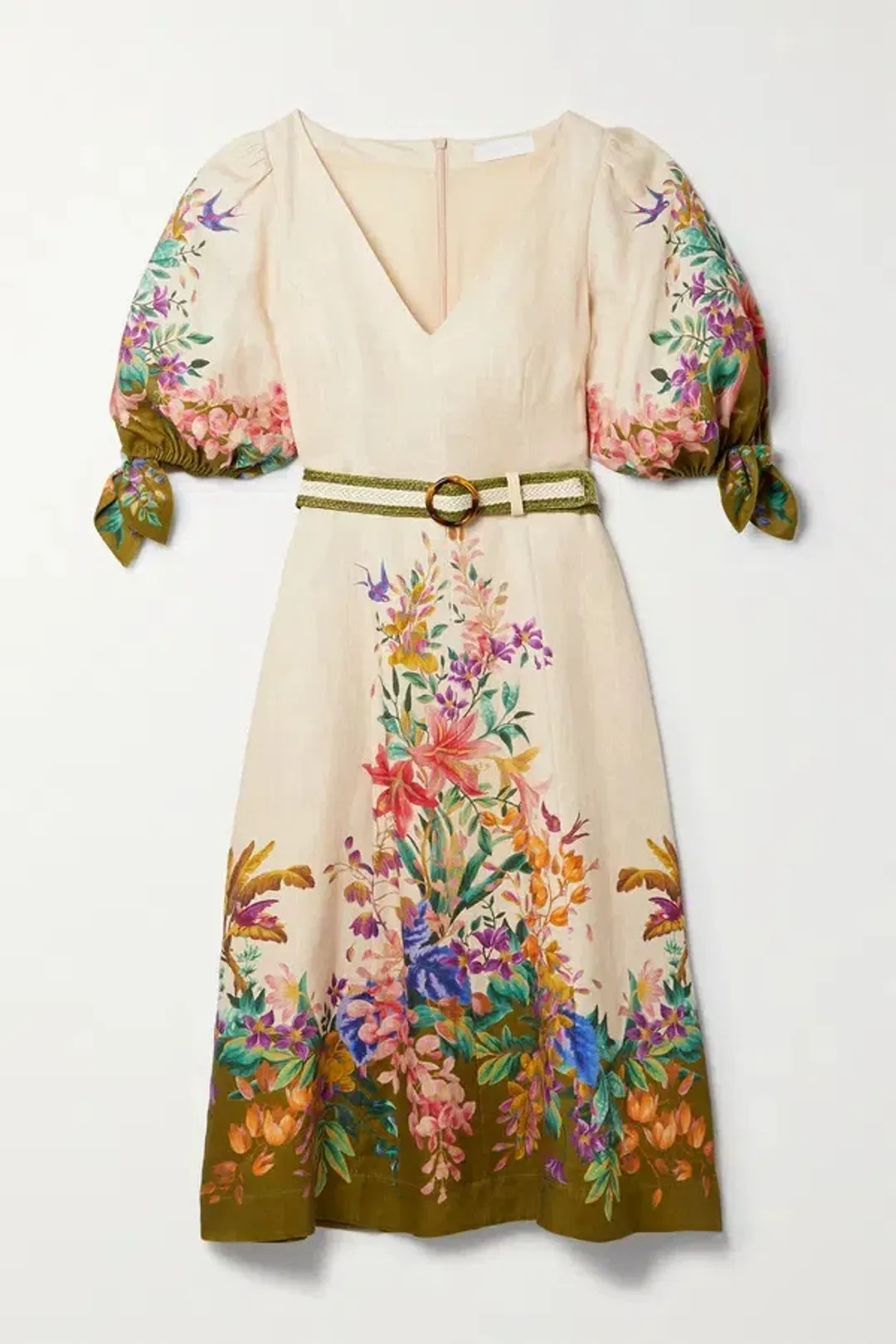Zimmermann Tropicana Belted Linen Midi Dress in Cream Floral Print Size 3 / AU 14 for rent on The Volte - main image