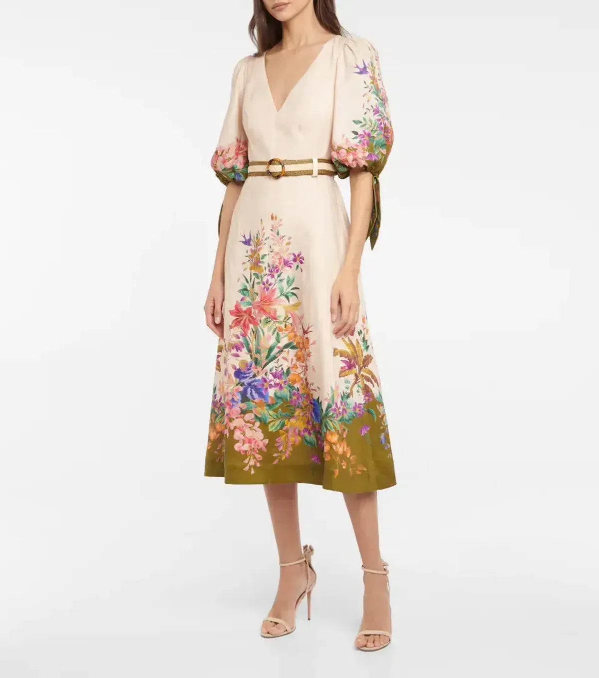 Zimmermann Tropicana Belted Linen Midi Dress in Cream Floral Print Size 3 / AU 14 for rent on The Volte - main image