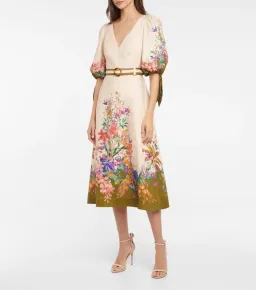 Zimmermann Tropicana Belted Linen Midi Dress in Cream Floral Print Size 3 / AU 14 for rent on The Volte - image 1