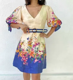 Zimmermann Tropicana Tie Sleeve Mini Dress Blue Floral Print Size 3 / AU 14 for rent on The Volte - image 1