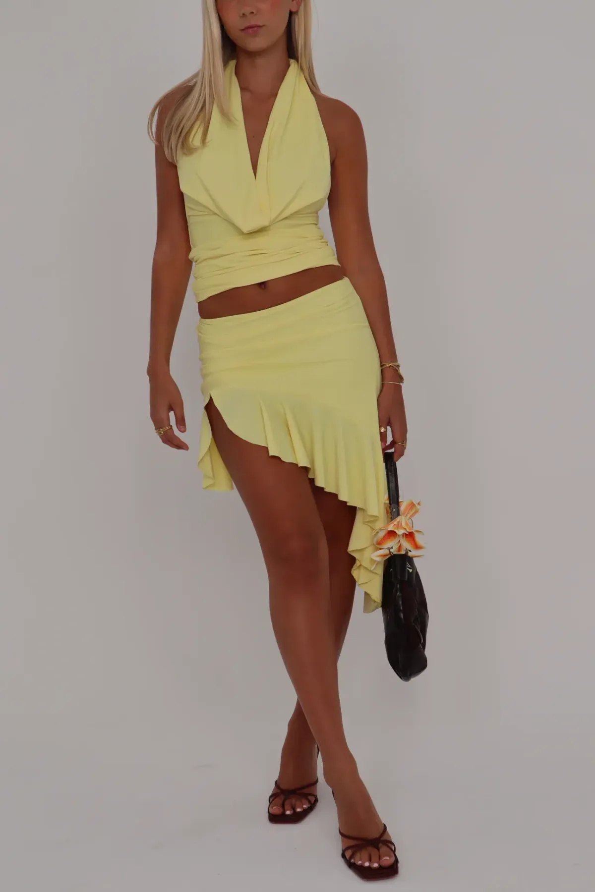 Orphe Soleil Plunge Top and Midi Skirt Set Buttery Yellow Size 10 - Image 4