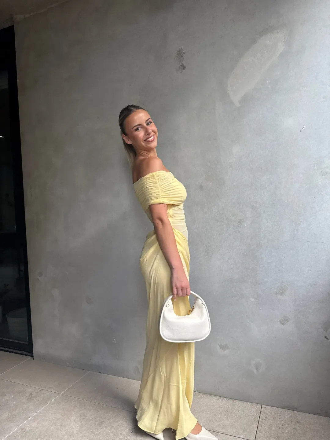 Benni Nico Off Shoulder Maxi Dress Butter Size 8 for rent on The Volte - main image