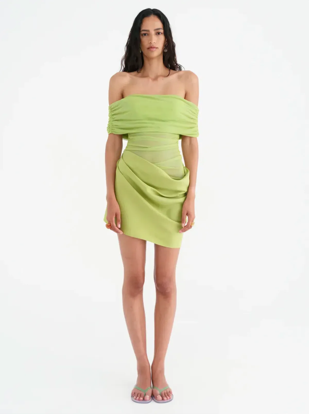 Benni Nico Off Shoulder Mini Dress in Apple Green Size 8 - Image 2