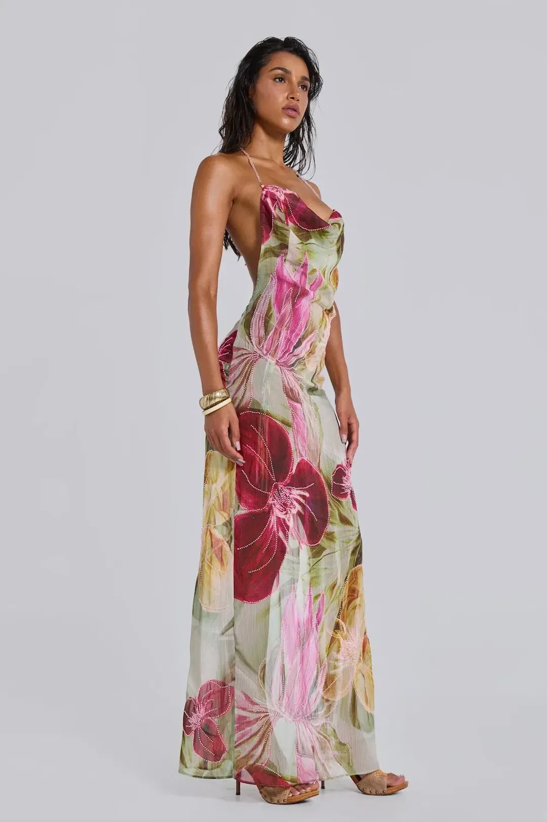 Jaded London Dahlia Hand Beaded Backless Chiffon Maxi Dress Floral Size 8 for rent on The Volte - main image