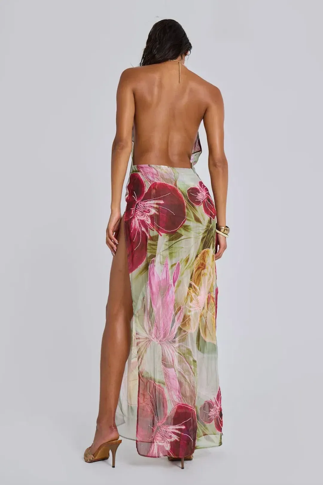 Jaded London Dahlia Hand Beaded Backless Chiffon Maxi Dress Floral Size 8 for rent on The Volte - main image