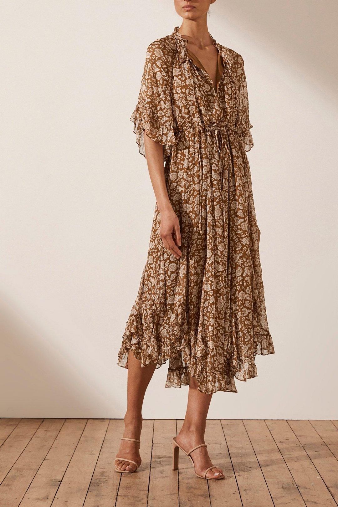 Shona Joy Odette Flutter Sleeve Godet Midi Dress Print Size 10 for rent on The Volte - main image