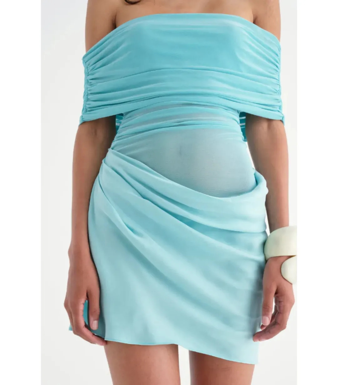 Bennie Off Shoulder Mini Dress Aquamarine Size AU 6 for rent on The Volte - main image