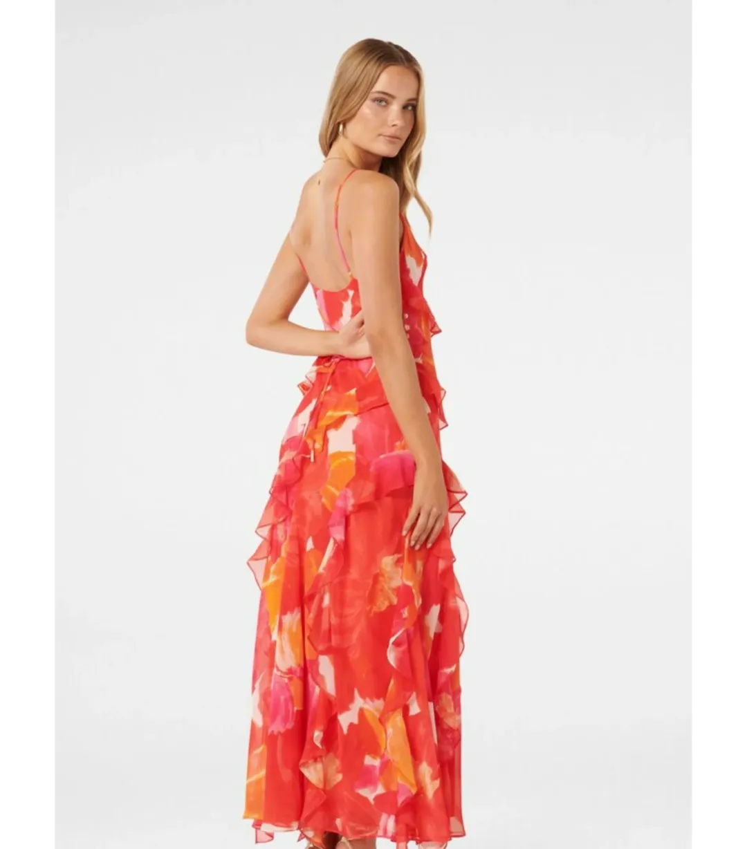 Forever New Asymmetrical Ruffle Orange Poppy Dress Print Size AU 8 for rent on The Volte - main image