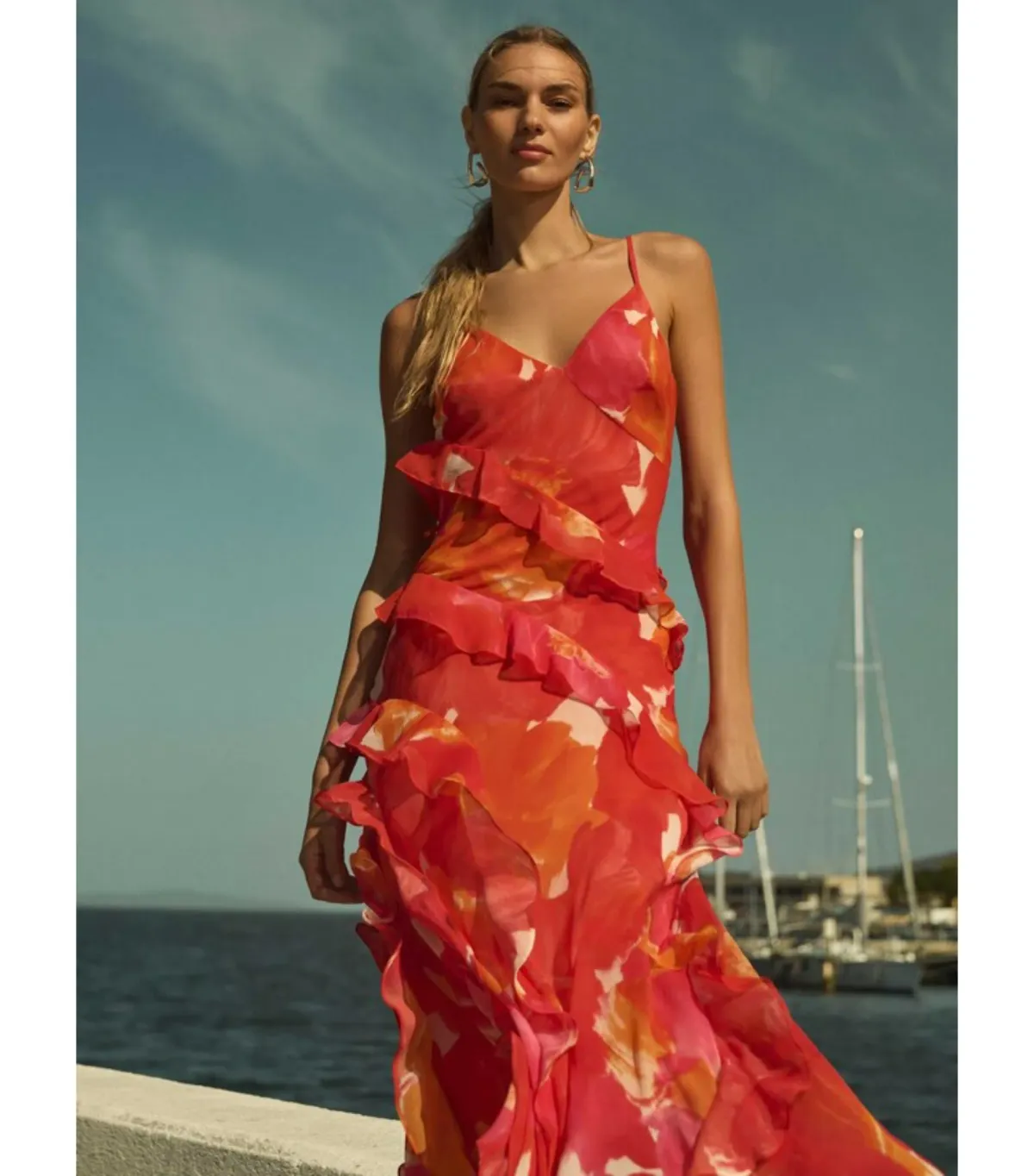 Forever New Asymmetrical Ruffle Orange Poppy Dress Print Size AU 8 - Image 4