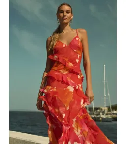 Forever New Asymmetrical Ruffle Orange Poppy Dress Print Size AU 8 for rent on The Volte - image 4