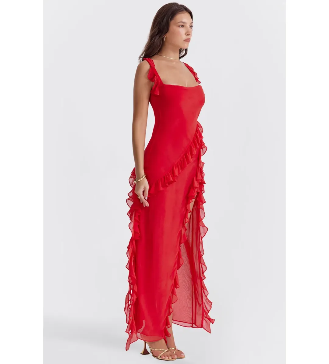 House of CB ARIELA Cherry Ruffle Maxi Dress Red Size 10 for rent on The Volte - main image