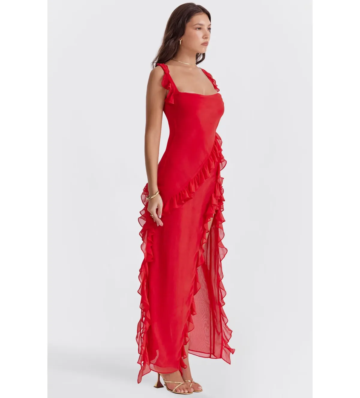 House of CB ARIELA Cherry Ruffle Maxi Dress Red Size 10 - Image 3