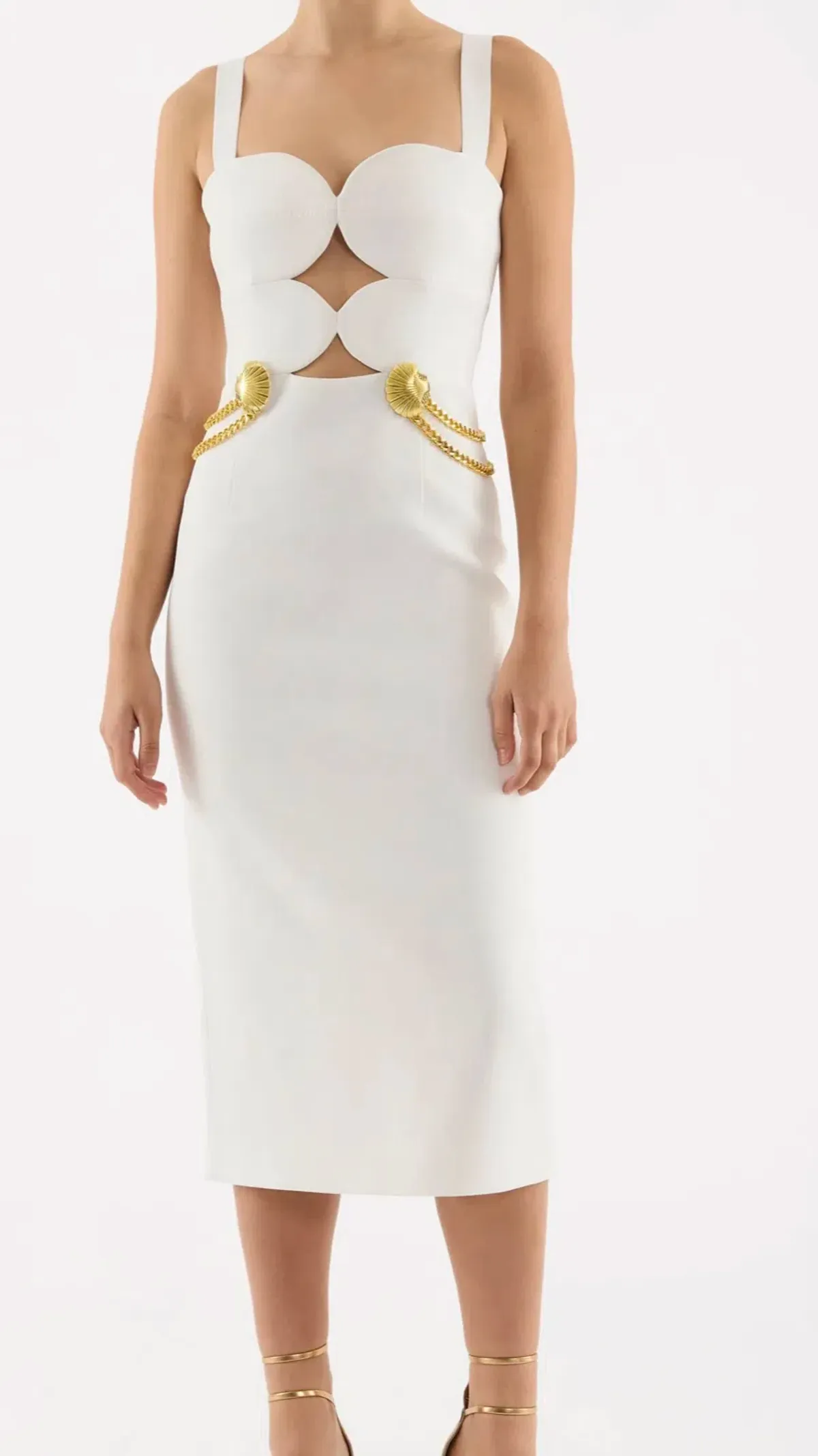 Rebecca Vallance Chelsea Gold Shell Detail Midi Dress White Size 6 - Image 1