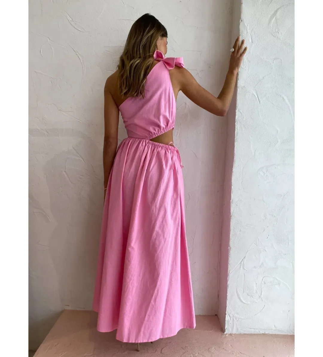 By Nicola Gabrielle One Shoulder Midi Dress Pink Grapefruit Size 8 for rent on The Volte - main image