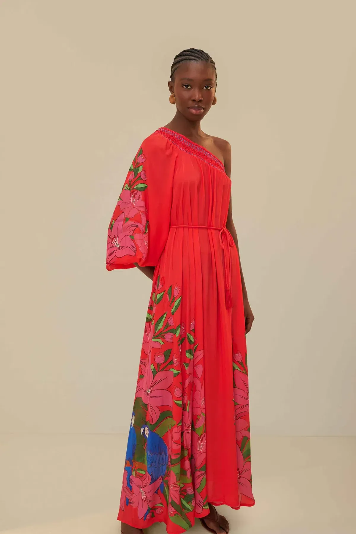 Farm Rio Red Summer Foliage Scarf Maxi Dress Multi Size 14 - Image 2