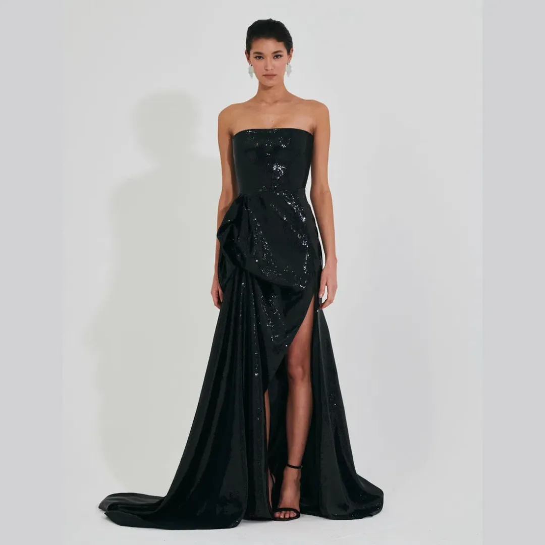 Meraki Official Nicole Sequin Strapless Ball Gown Black Size XS / AU 6 for rent on The Volte - main image