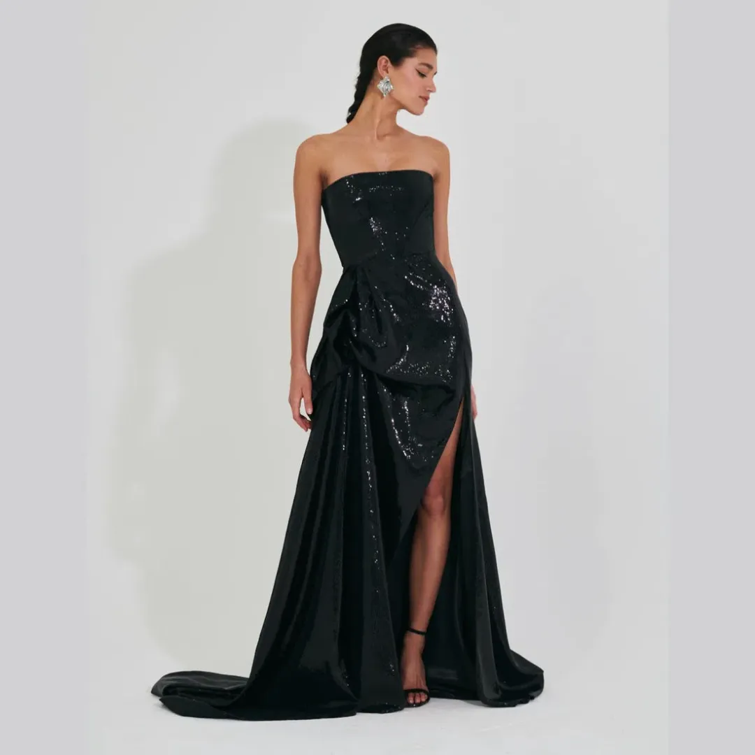Meraki Official Nicole Sequin Strapless Ball Gown Black Size XS / AU 6 for rent on The Volte - main image