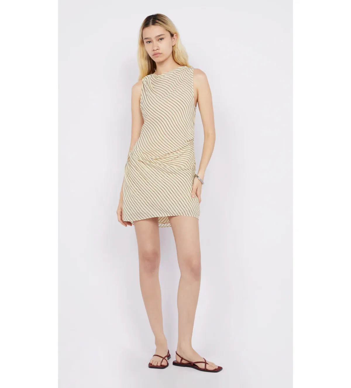 Bec & Bridge Anise Asym Mini Dress in Butter/Plum Stripe Size AU 12 - Image 1