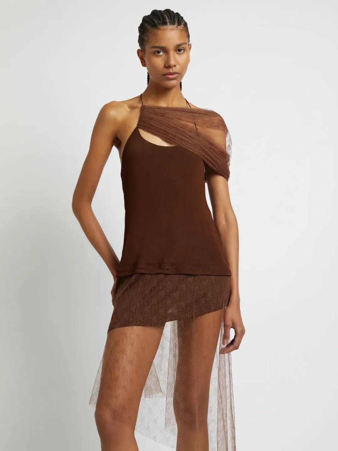 Christopher Esber Vapor Lace Shawl Dress Cacao Size AU 8 for rent on The Volte - main image