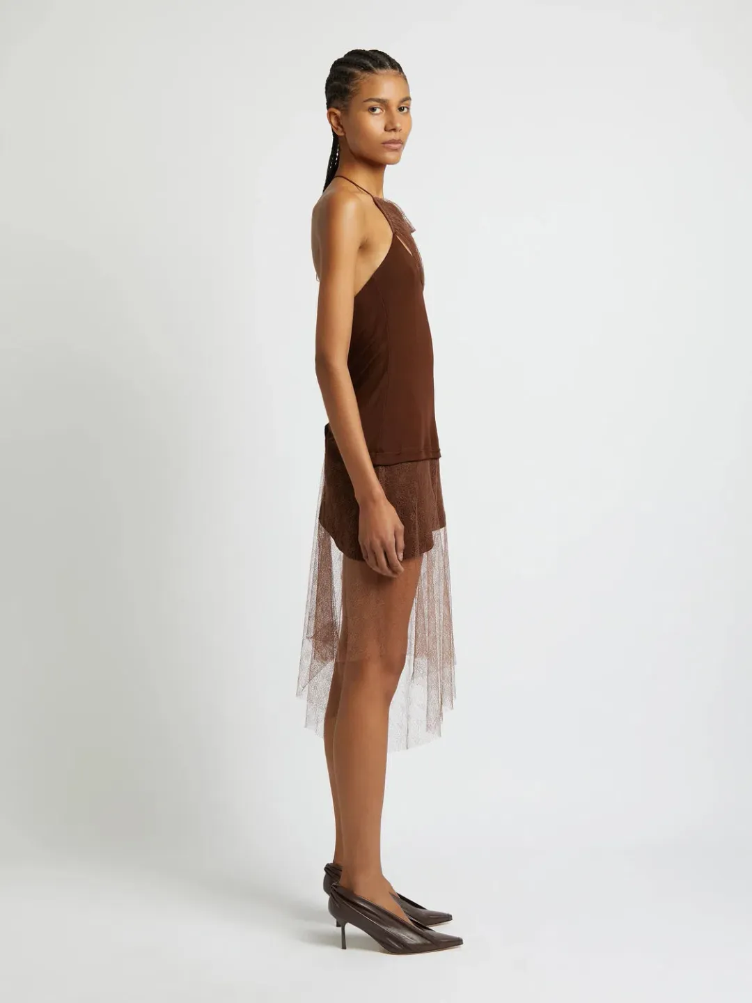 Christopher Esber Vapor Lace Shawl Dress Cacao Size AU 8 for rent on The Volte - main image