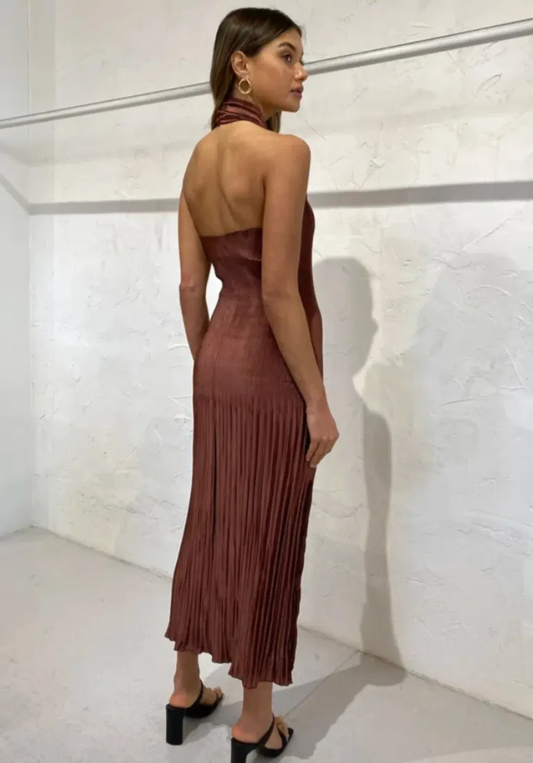 L'Idee Soiree Pleated Halter Dress in Chocolate Size 10 for rent on The Volte - main image