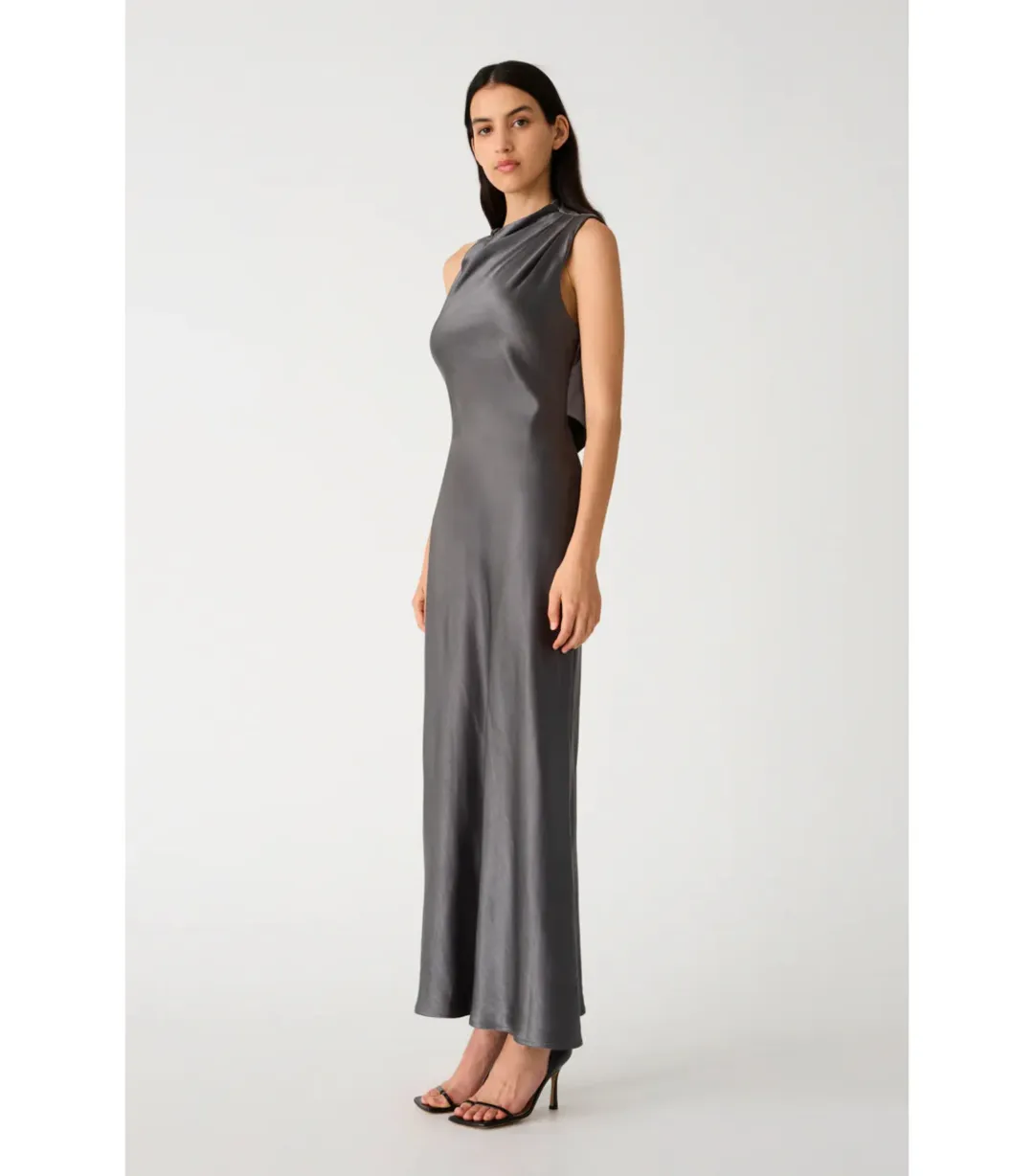 Misha Santana Gloss Satin Maxi Dress in Pewter Size 8/S for rent on The Volte - main image