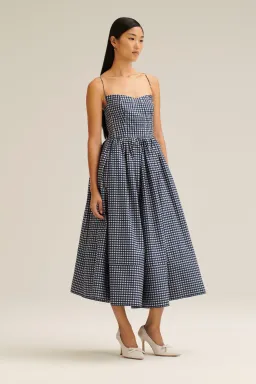 Scanlan Theodore Gingham Print Ballerina Dress Navy Shell Size 6 for rent on The Volte - image 1